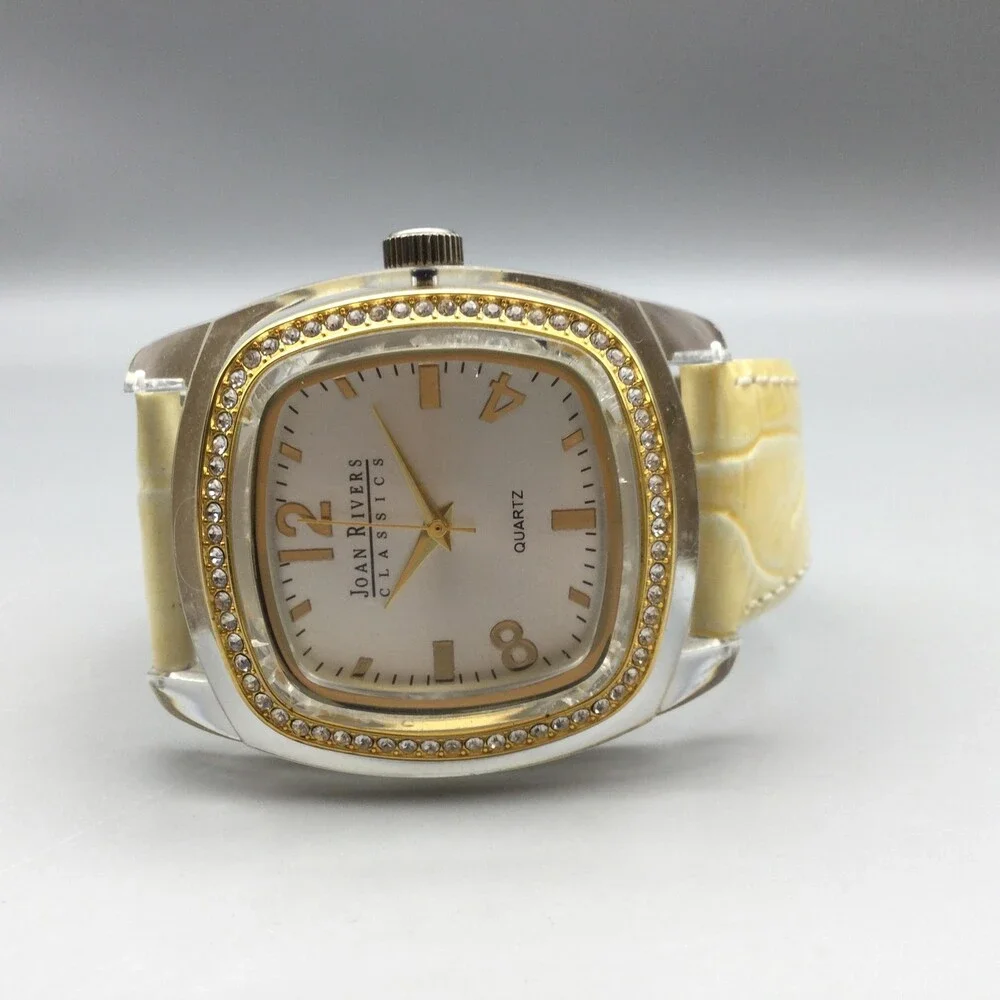 Joan Rivers Womens Watch 38mm Silver Tone Yellow Leather Crystals New Battery